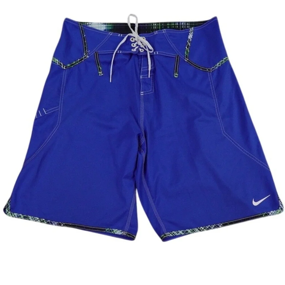 Nike Board Shorts Men 36 Blue Lace Up Grid‎ Trim Swim Trunks Unlined Beach Surf